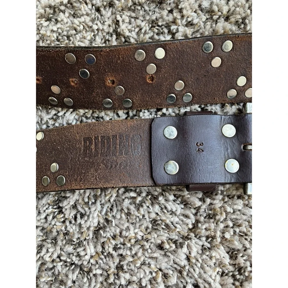 Riding Sport Studded Brown Leather Belt With Daisy Print Detail Size 34